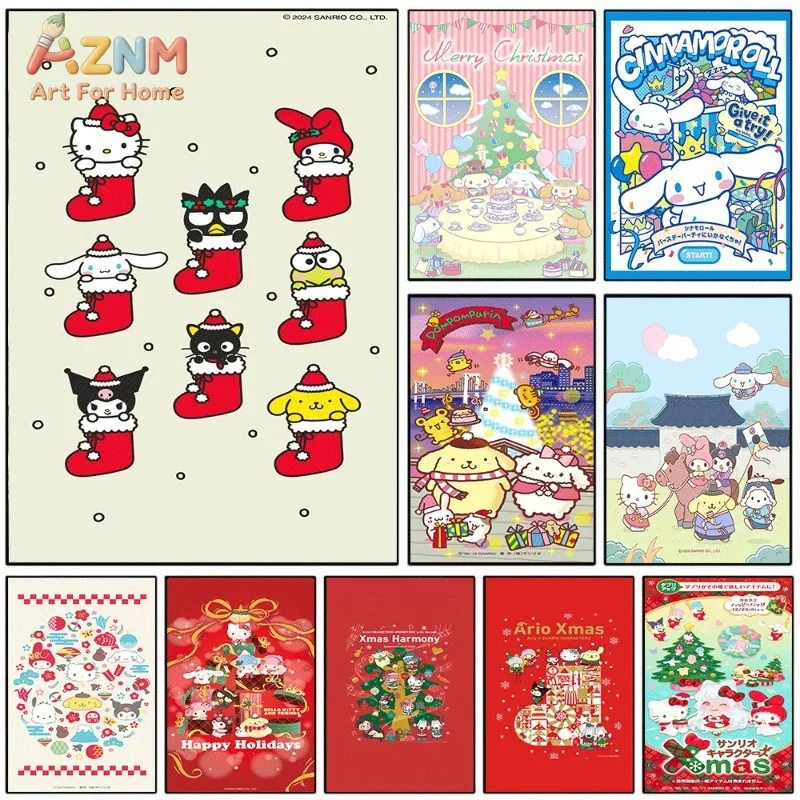 Sanrio Characters In Christmas Stockings Cute Cartoon Canvas Wall Art Unframed Canvas Poster Print for Kids Bedroom Nursery