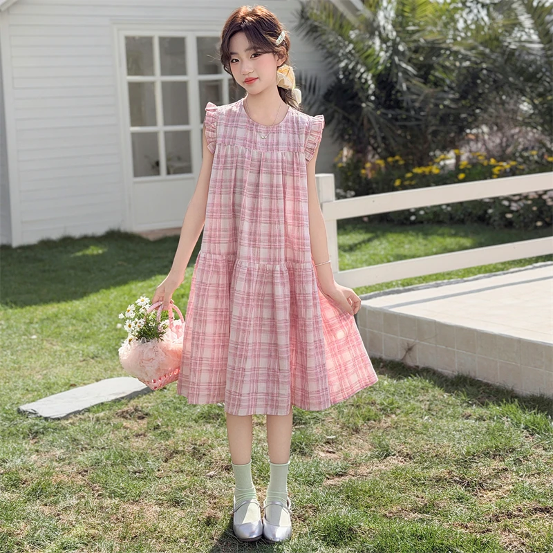 Girls Dress Summer Sweet Cute Pink Plaid Sleeveless Dress A Line Children Clothes 2026 Garden Versatile Loose Comfortable 2