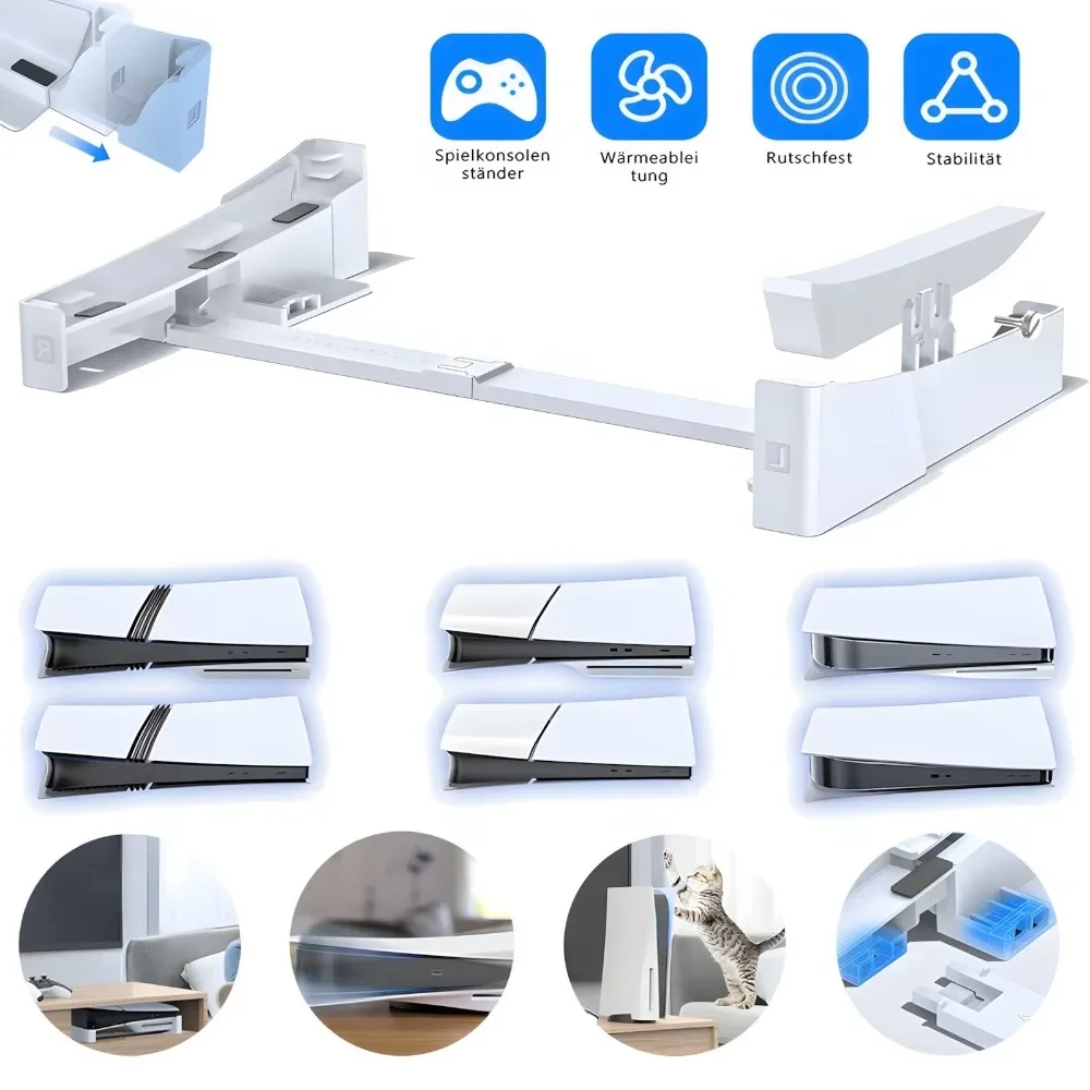 Support horizontal en silicone antidérapant pour PS5, compatible avec les modèles PS5 Slim et PS5 Pro, support stable pour console de jeu, améliore la circulation de l’air, réduit les rayures et la surchauffe sur le bureau, le sol et les étagères.