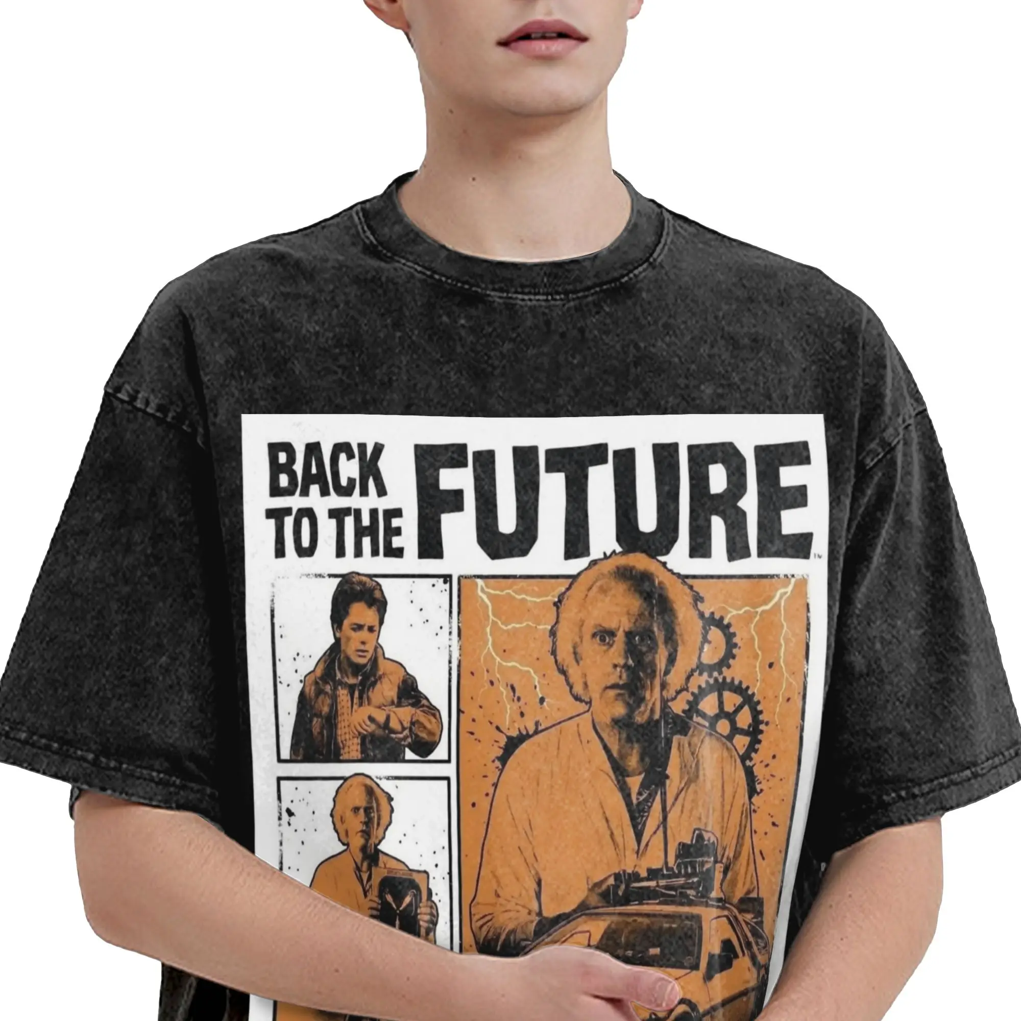Summer Back to the Future Time Machine Washed Shirt Merch Oversize T-Shirt  Men Women Tee