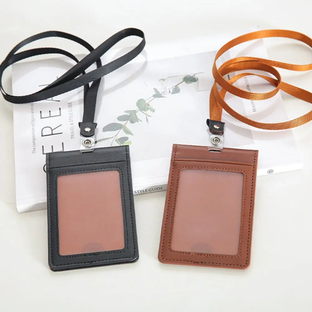 PU Leather Card Holder Lanyard Portable Simple Credit Badge Holder Fashion Magnet ID Cards Holder Girls