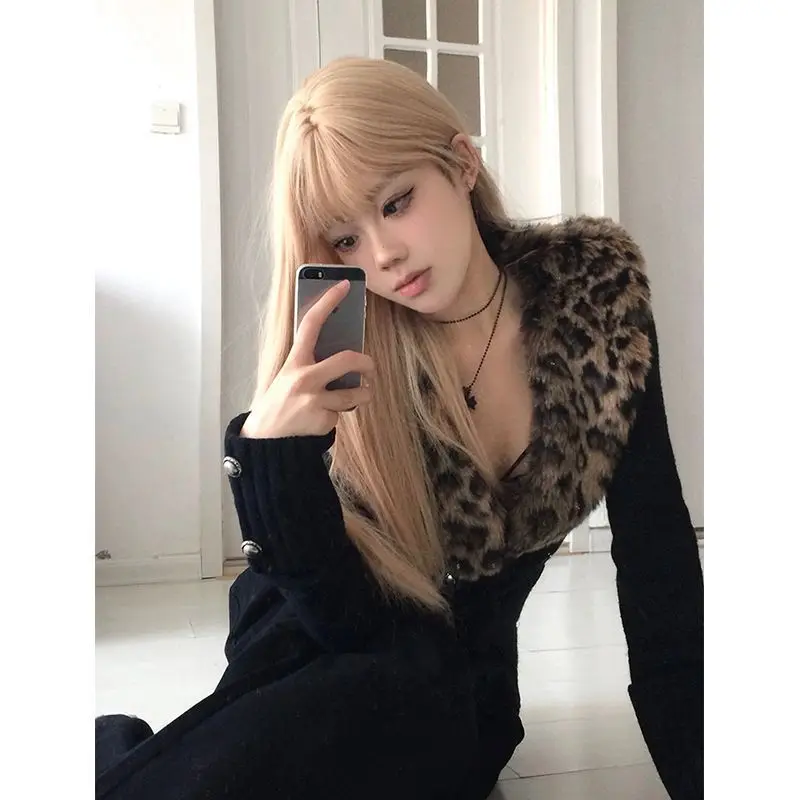 Viya Vintage sweater black detachable leopard print collar design sexy babes slim fit knit sweater women