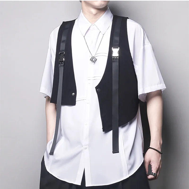 2024 Metal Buckle Ribbons Hip Hop Punk Techwear Vest Men Women Asymmetric Design Functional Casual Cropped Waistcoat