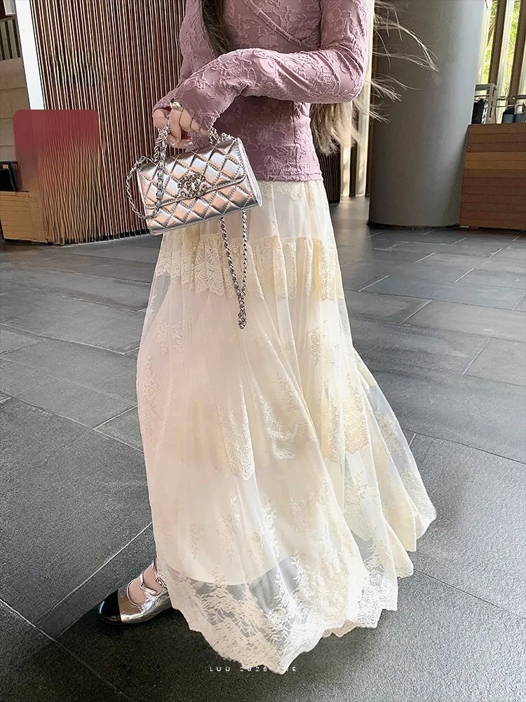 

Luu Lace Embroidered A-Line Midi Skirt Women's Spring Autumn Elastic Waist Loose Long Skirt Korean Sle Casual Daily Wear
