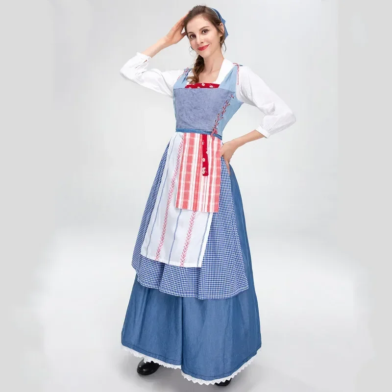 Blue Plaid French Manor Maid Costume Retro Farm Girl Maid Long Dress Adult Halloween Cosplay Bavarian Oktoberfest Dirndl Costume