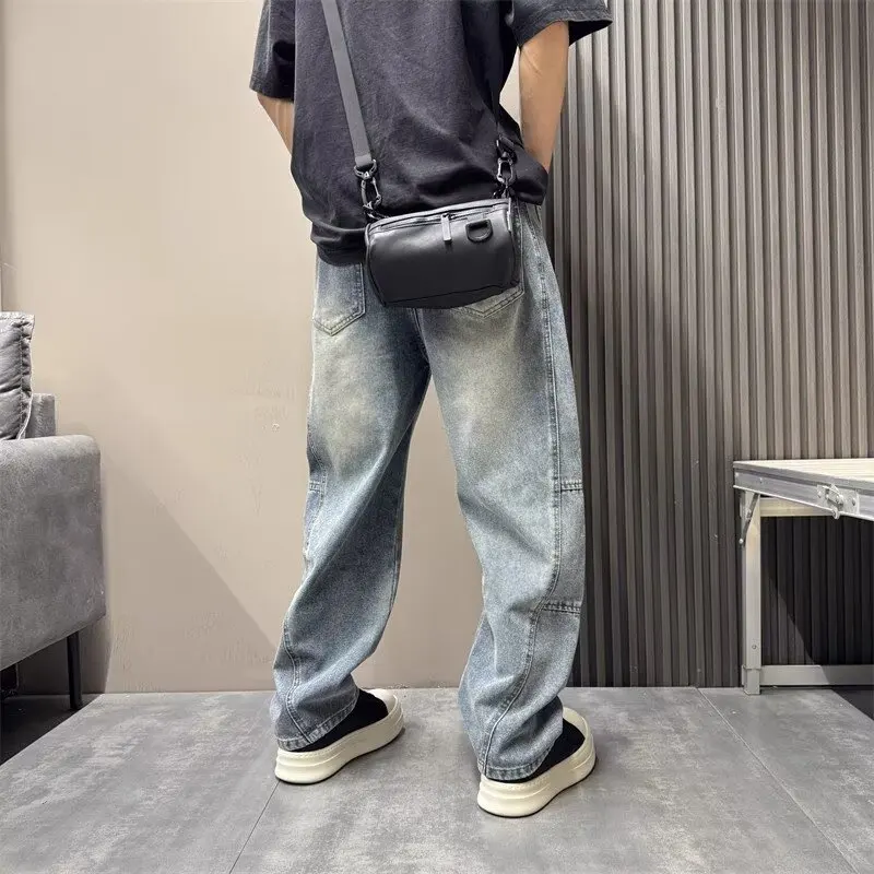 2025 New Korean Jeans Blue Washed Gradient Trendy Loose Straight Leg Made Old Straight Leg Pants