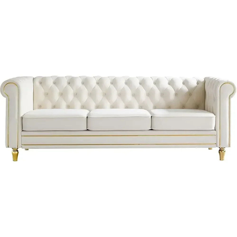 3 Seater Velvet Button-Tufted Sofa with Rolled Arms and Gold Legs for Living Room, Home Studio, or Bedroom in Beige