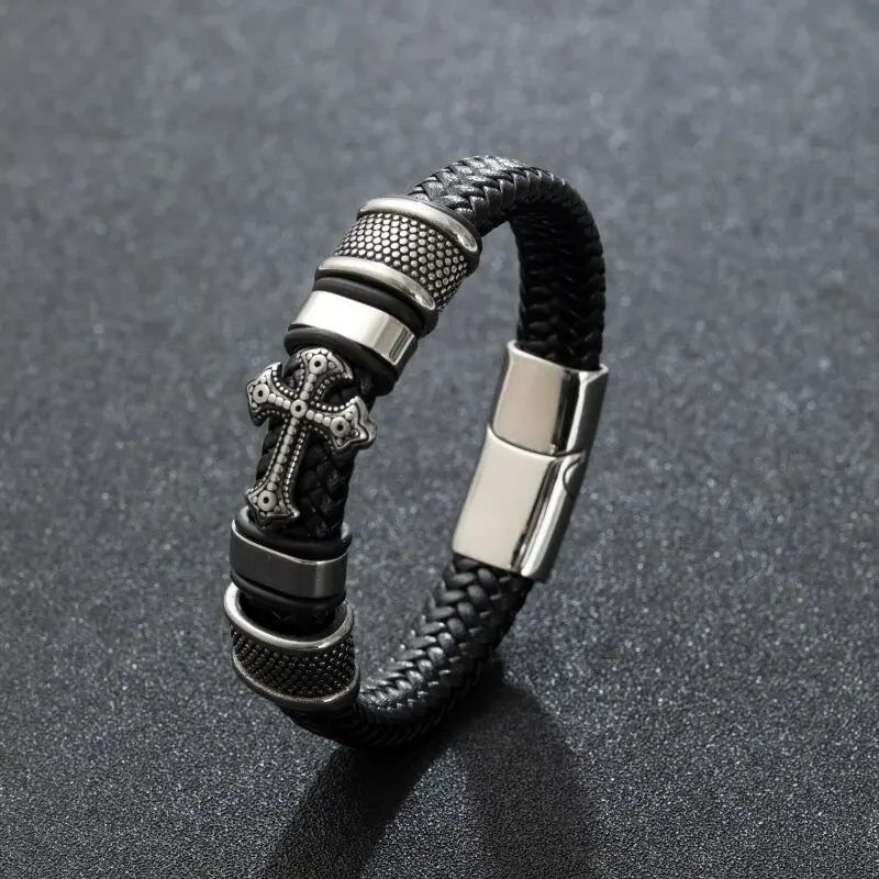 Vintage Cross Hand Braided Black Leather Bracelet for Men Casual Charm Bracelet Religious Amulet Accessory Gift