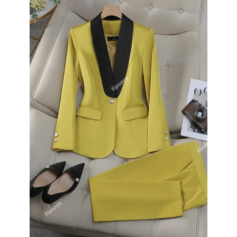 

2024 New Office Ladies Pant Suit Women Yellow Red Purple Apricot Female Business Work Wear Blazer and Trouser Formal 2 Piece Set