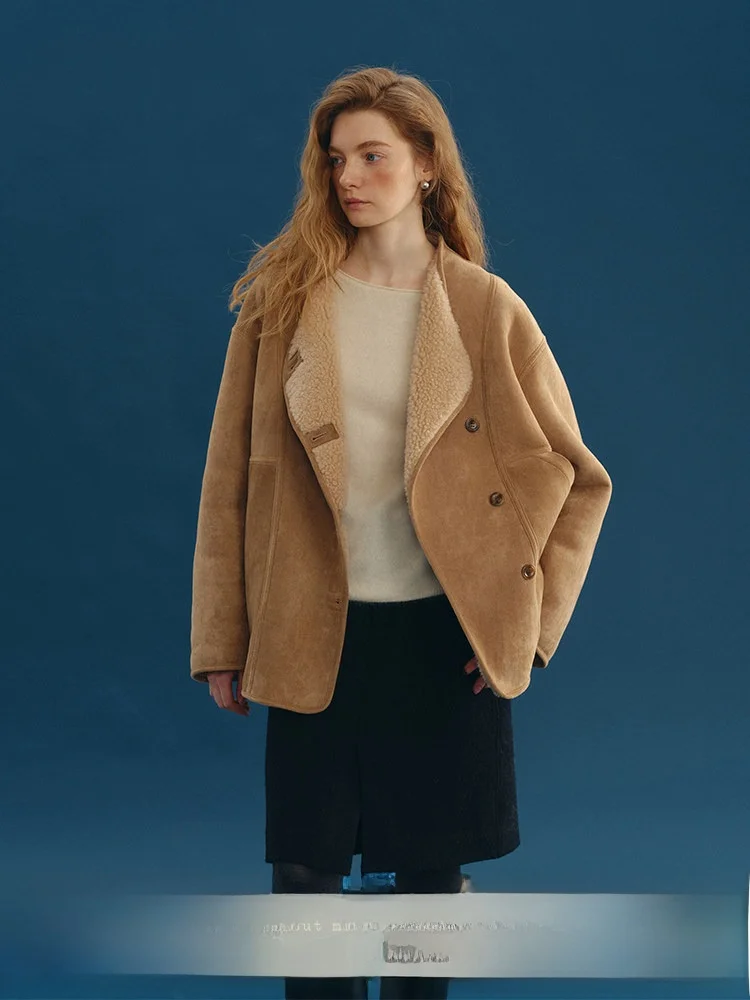 

Ladies' 00% Wool ort Jaet Inteated Fur Outerwear Warm Loose Sle Faionable Commute Winter Coat Button up