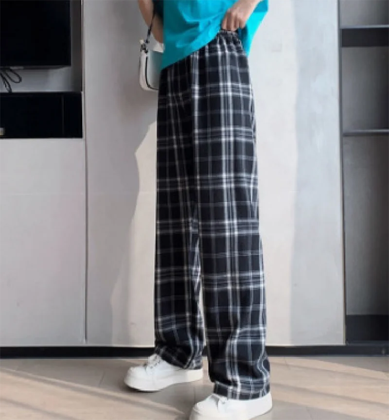 Summer Fashionable Suit For Women Black And White Light Green Pink Blue Long Ankle-Length Trousers With Plaid Wide Leg Pants