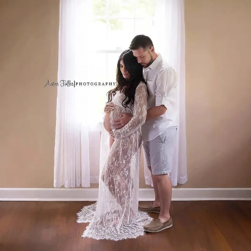 European & American Maternity Photoshoot Lace Maxi Dress - Front Open Lace Train Gown for Pregnant Women Photography