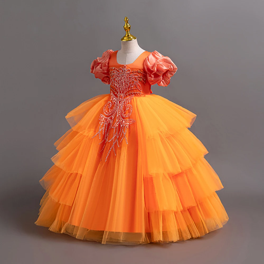 HETISO High-end Girls Elegant Dresses Flower Appliques Children's Holiday Party Dresses Tutu Kids Puffy Bridesmaid Ball Gown
