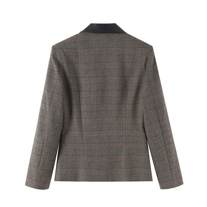 Nlzgmsj 2026 Autumn Women Plaid Blazer Faux Leather Lapel Collar Long Sleeve Single Breasted Check Elegance Suit Jacket