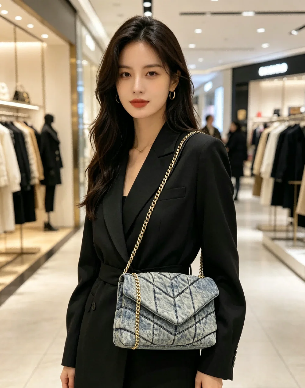 

Light Blue Denim Quilted Flap Crossbody Bag with Gold Chain, Luxury Designer Inspired Women's Shoulder Purse