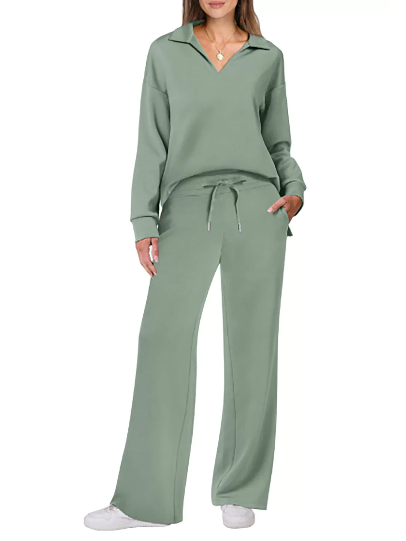 2025 European and American Autumn and Winter New Fashion Casual Women's Long Sleeved Drawstring Solid Color Commuting Pants Set