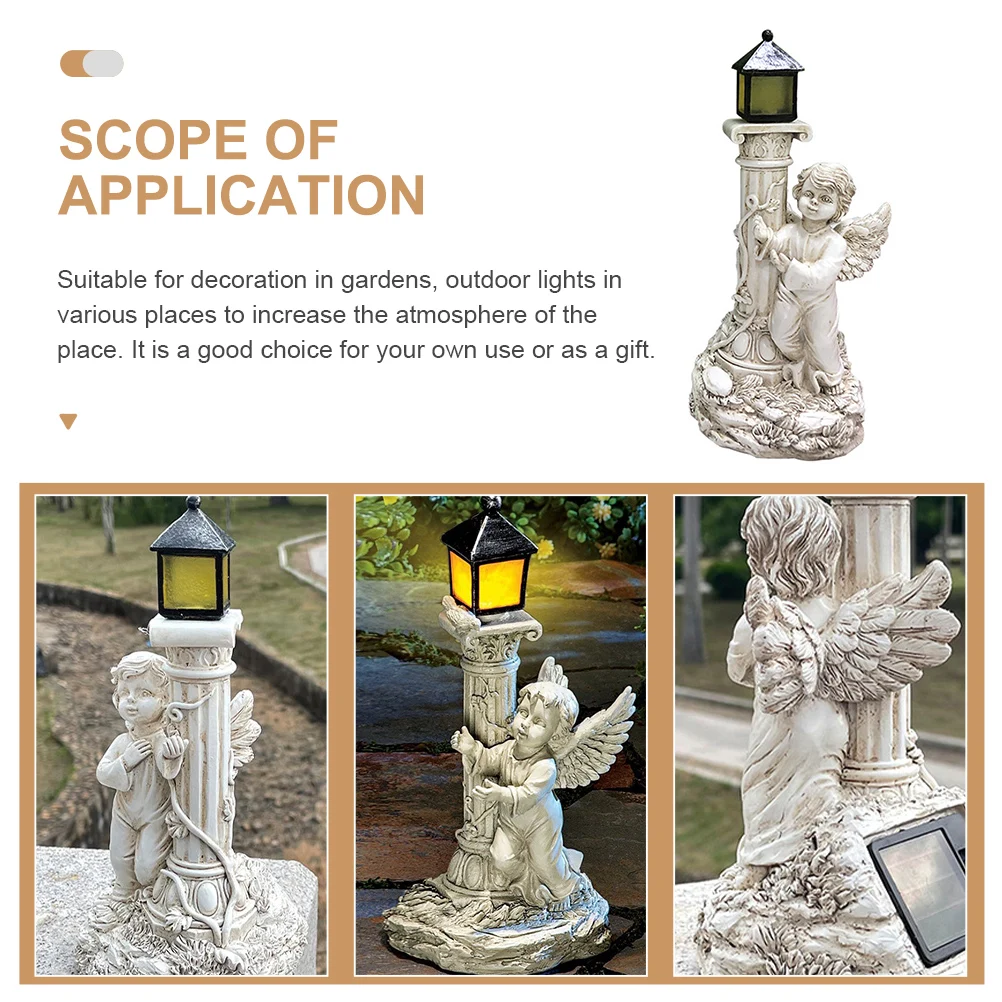 

Roman Column Angel Figurine Resin Decor Solar Glowing Outdoor Garden Yard Statue Beige Color Elegant Pillar Shape Housewarming