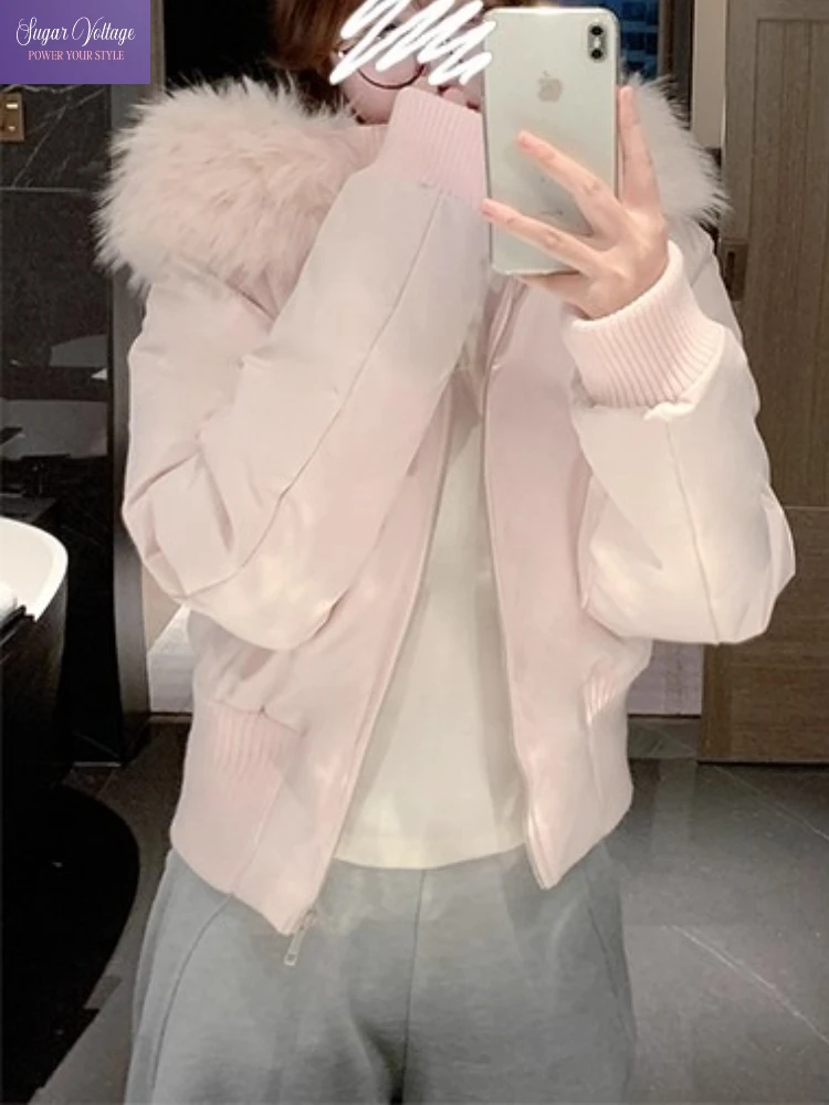

Pink Winter Cotton Jacket Women Slim Warm Short Puffer Coat Faux Fur Collar Thick Outerwear Sweet Cute Style Casual Streetwear