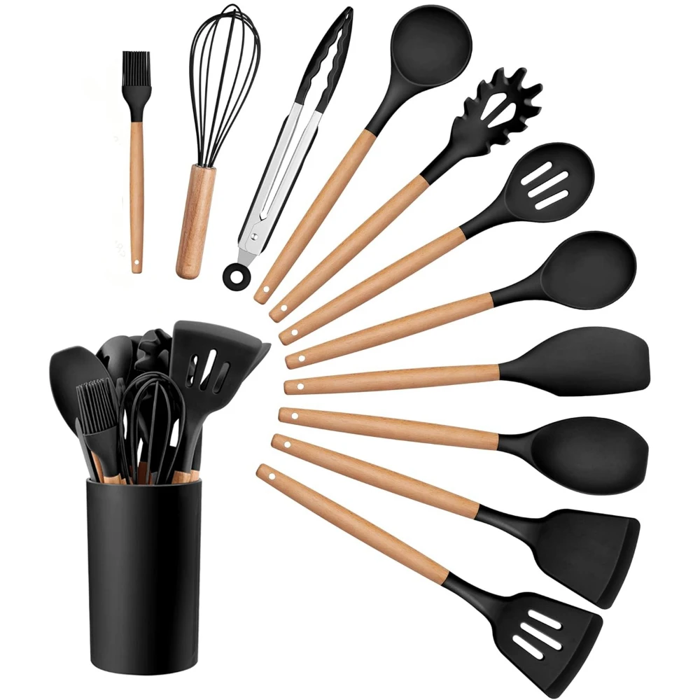 Juego de 12 utensilios de cocina de silicona antiadherentes con mango de madera: espátula, pala y batidores de huevos