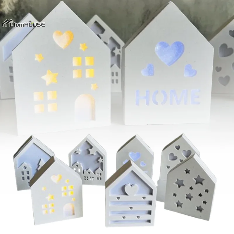 Hollow Splicing House Silicone Mold Gypsum DIY Star Love House Decoration Molds Tea Light Candle Holder Cement Plaster Mould