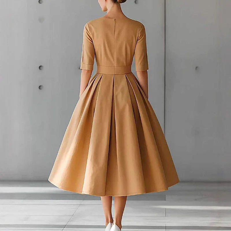 Robe longue de soirée à col rond pour femme, tenue décontractée, couleur unie, taille haute, poches plissées, manches 2026, style Boho, Maxi, nouvelle collection automne 3/4