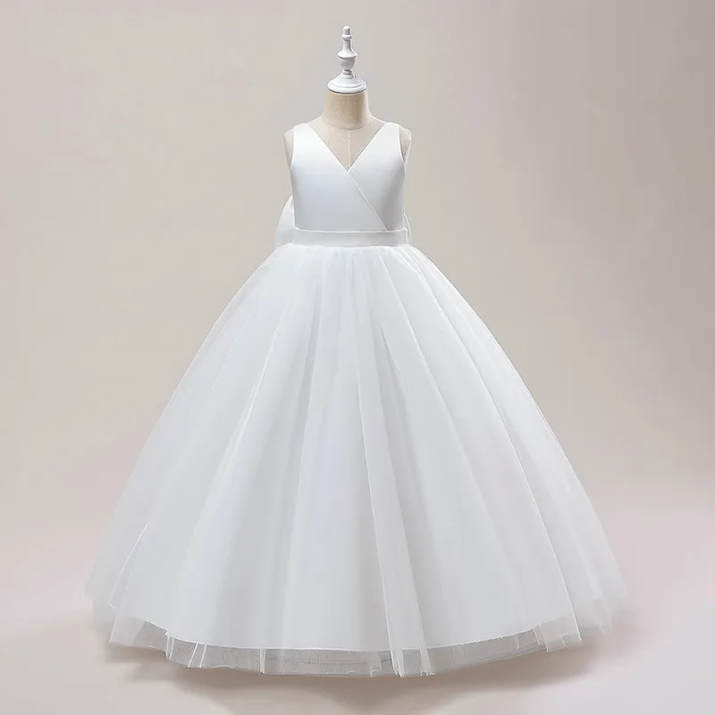 Vestido Longo Branco para Meninas 2026 com Laço Grande, Vestido de Festa para Casamento, Baile de Formatura, Primeira Comunhão, Festa Formal, Vestidos