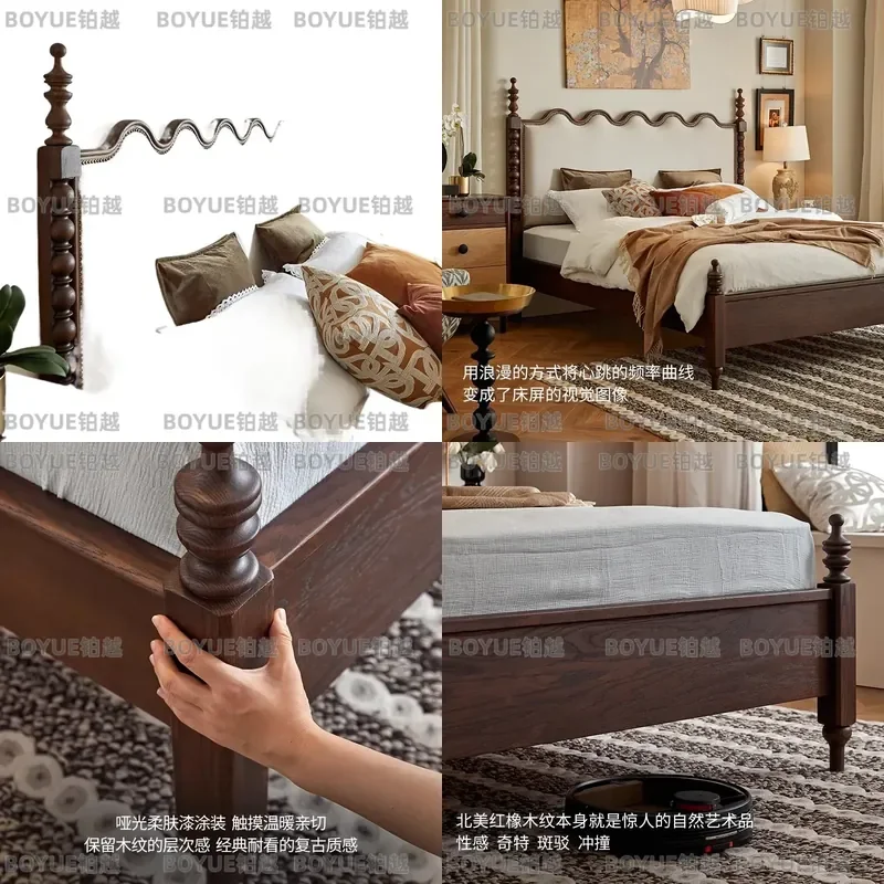 French Retro Ripple Solid Wood Bed Red Oak Medieval Style Queen Size Upholstered Master Bedroom Furniture Double Bed for