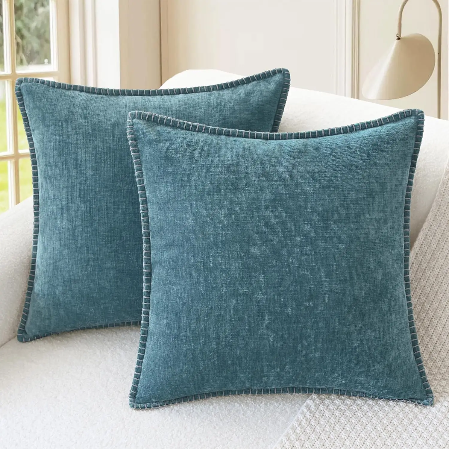 Decorative Throw Pillow Covers, Pack of 2, 18x18 Inches, Soft Chenille with Stitched Edges for Couch Sofa Bed Living Room