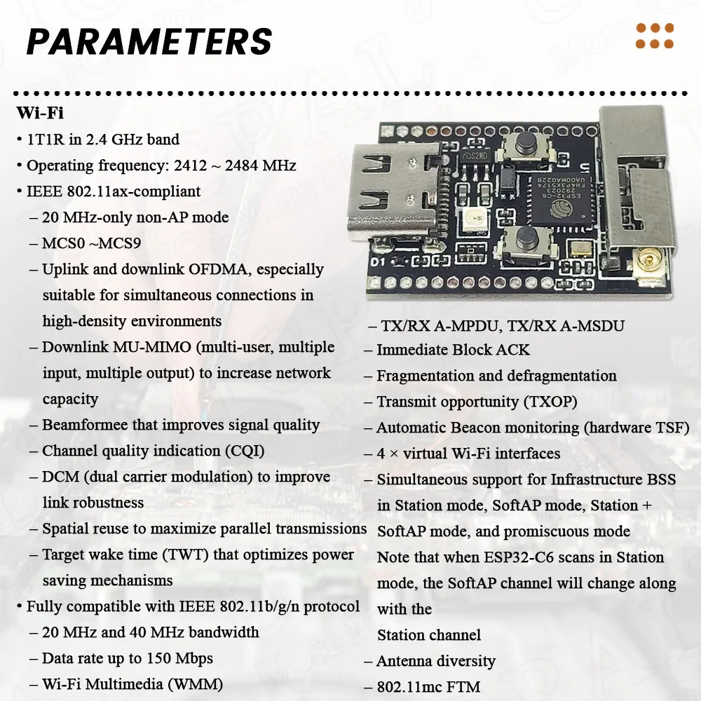 Wifi 6 ESP32-C6 Development Board Wifi Module with 32.768 Crystal Oscillator RGB LED RISC-V 32-Bit Core 4MB Flash ESP32 C6