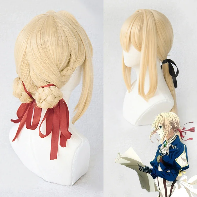 Cosplay Ponytail Violet Evergarden Women Personality Bun Blonde Cosplay Costume Hair Heat Resistant Wig Cap Ribbon