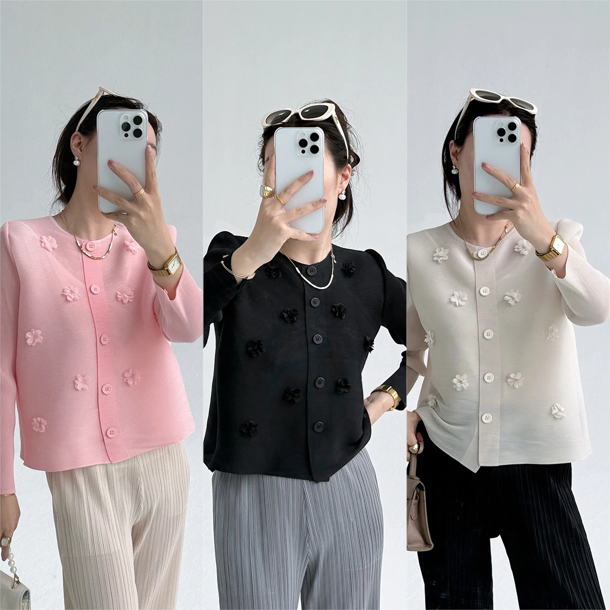 

Miyake Fold 2025 Spring and Autumn Small Flower Blossoms Press Fold Shirt Top Simple Cardigan Coat Air Conditioning Shirt