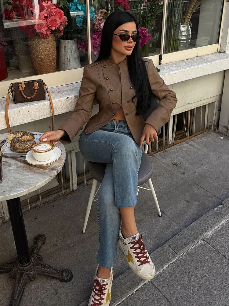 

HH Elegant Women Spring Autumn Military Style Cropped Blazer Stand Collar Decorative Buttons Slim Fit Jacket For Daily Office