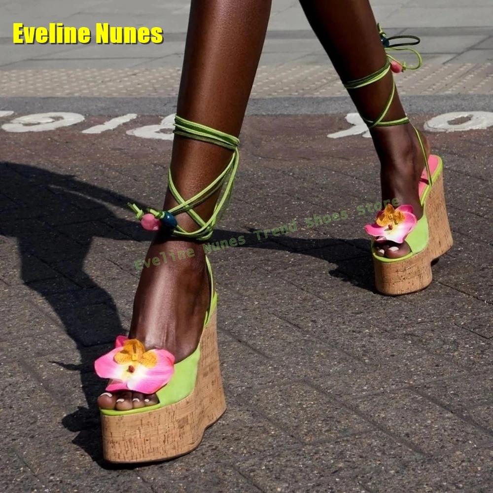 

Flower Decoration Wedge Fashion Sandals Peep Toe Side Air Ankle Strap Women Slingback High Heels 2025 Summer Party Dress Newest