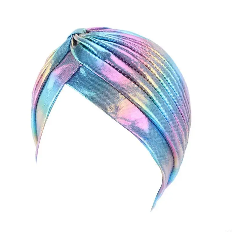 77HE Women Rainbow Metallic Turban Hat Twisted Pleated Headwrap Glitter Hair Loss