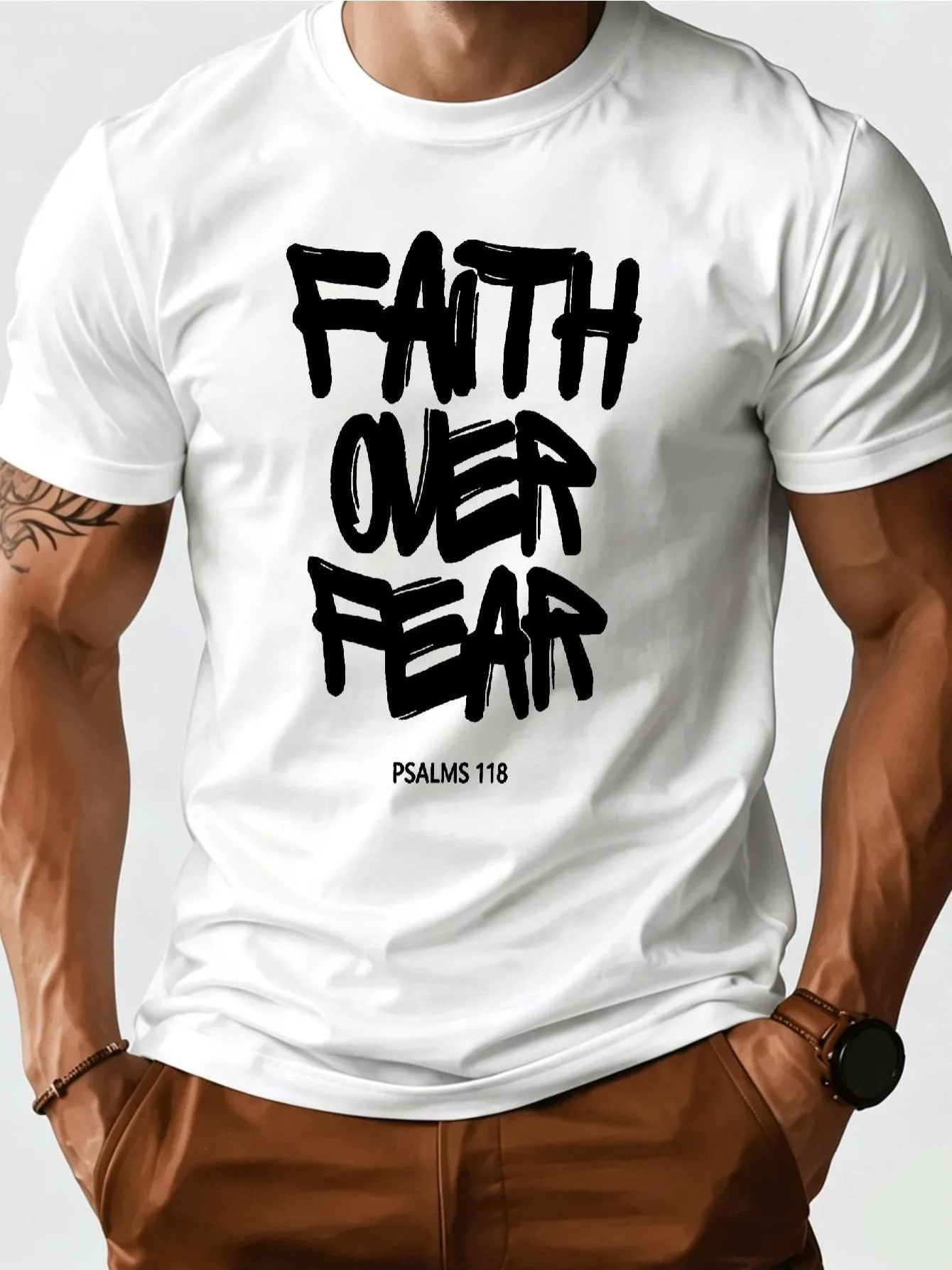 Unisex Casual Short Sleeve TShirt  Christian Faith Over Fear Print， Religious Quote Tee For Church Community Events And Daily Inspirational Wearing