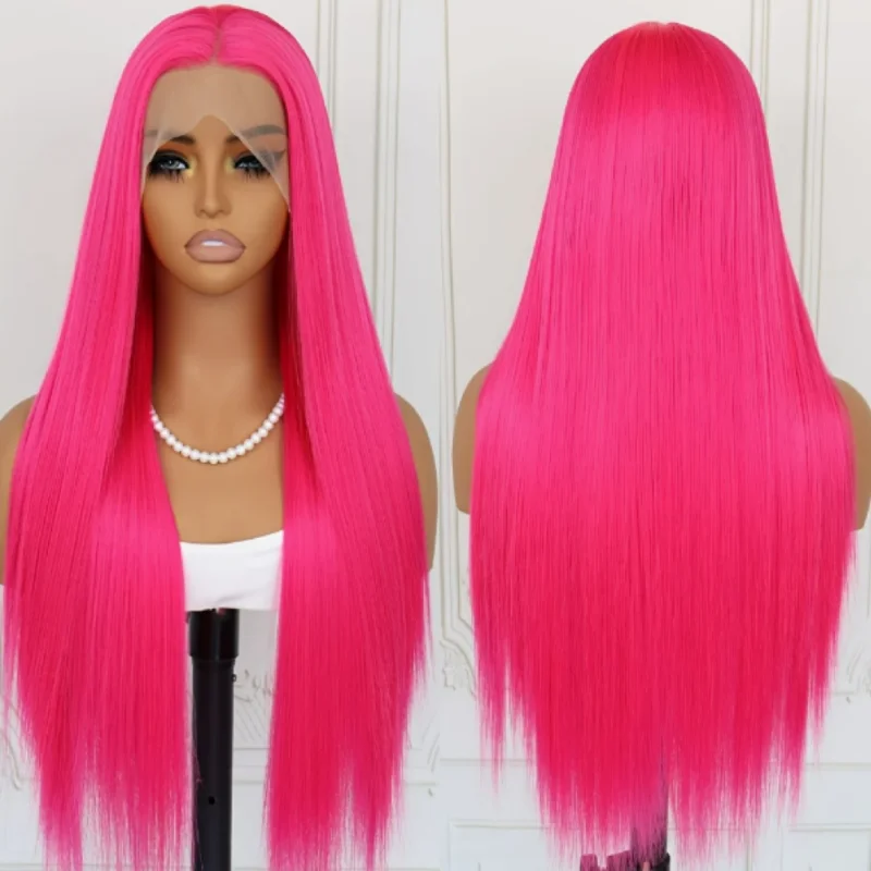 Pelucas frontales de encaje sintético rosa fuerte, fibra resistente al calor, perfectas para cosplay, fiestas y uso diario