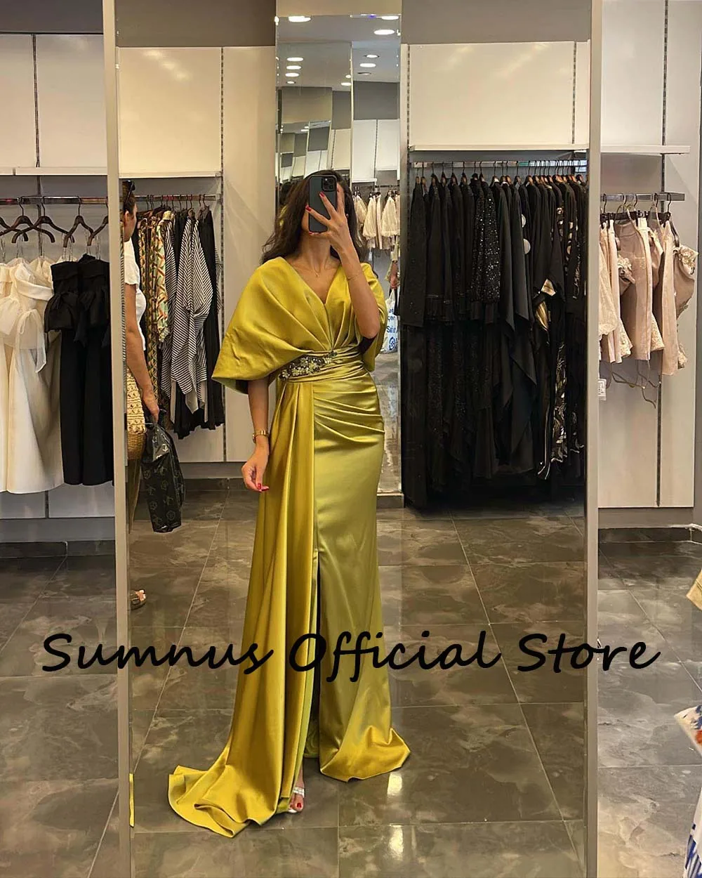 Gold Satin Long Saudi Arabic Evening Dresses Beads Belt V Neck Half Sleeve Prom Dress Side Split With Drape Train Formal Gowns