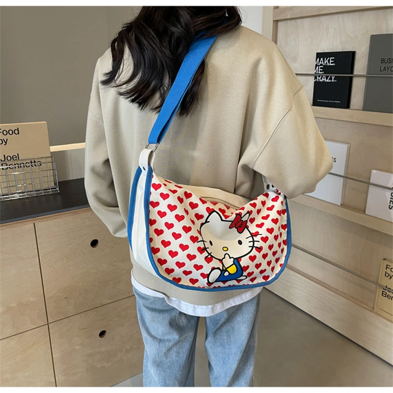 Miniso Kawaii Sanrio Hello Kitty Canvas Messenger Bag Cute Anime Cartoon Handbag Good-looking Purses Girl&Child Holiday Gifts