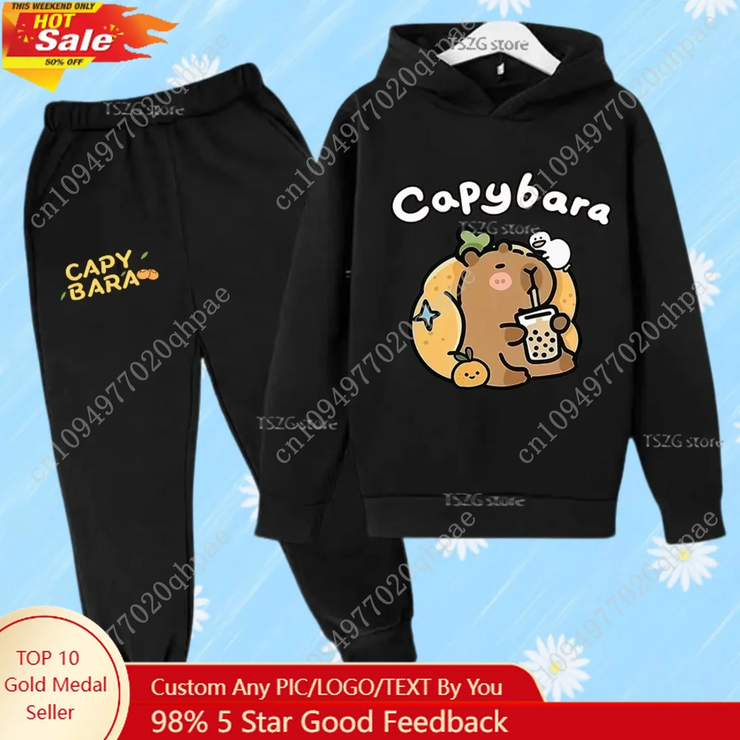 

Cute Capybara Loves Bubble Tea Kids Hoodie Set Pink Plus Velvet Autumn and Winter Girls Boys Casual Fashion Sport Tracksuits