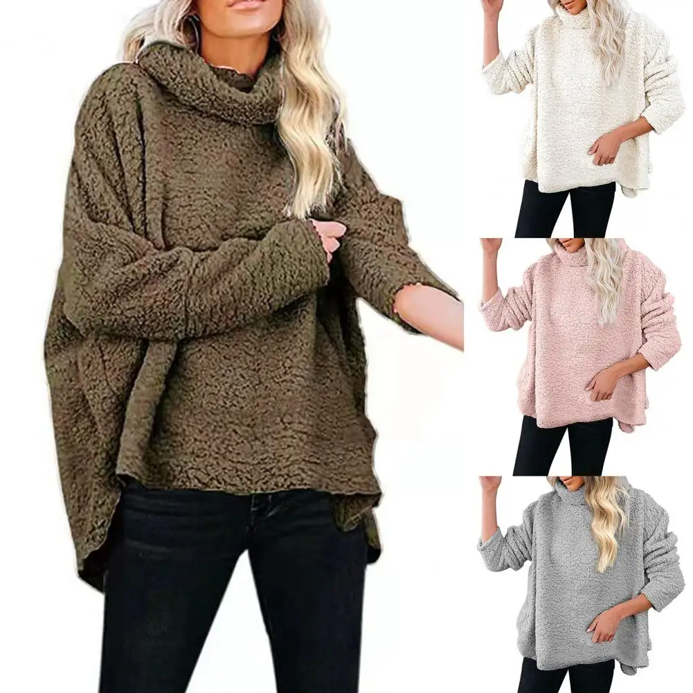 Attractive Plush Overcoat Long Sleeve All-Match Autumn Winter Turtleneck Solid Color Fleece Pullover