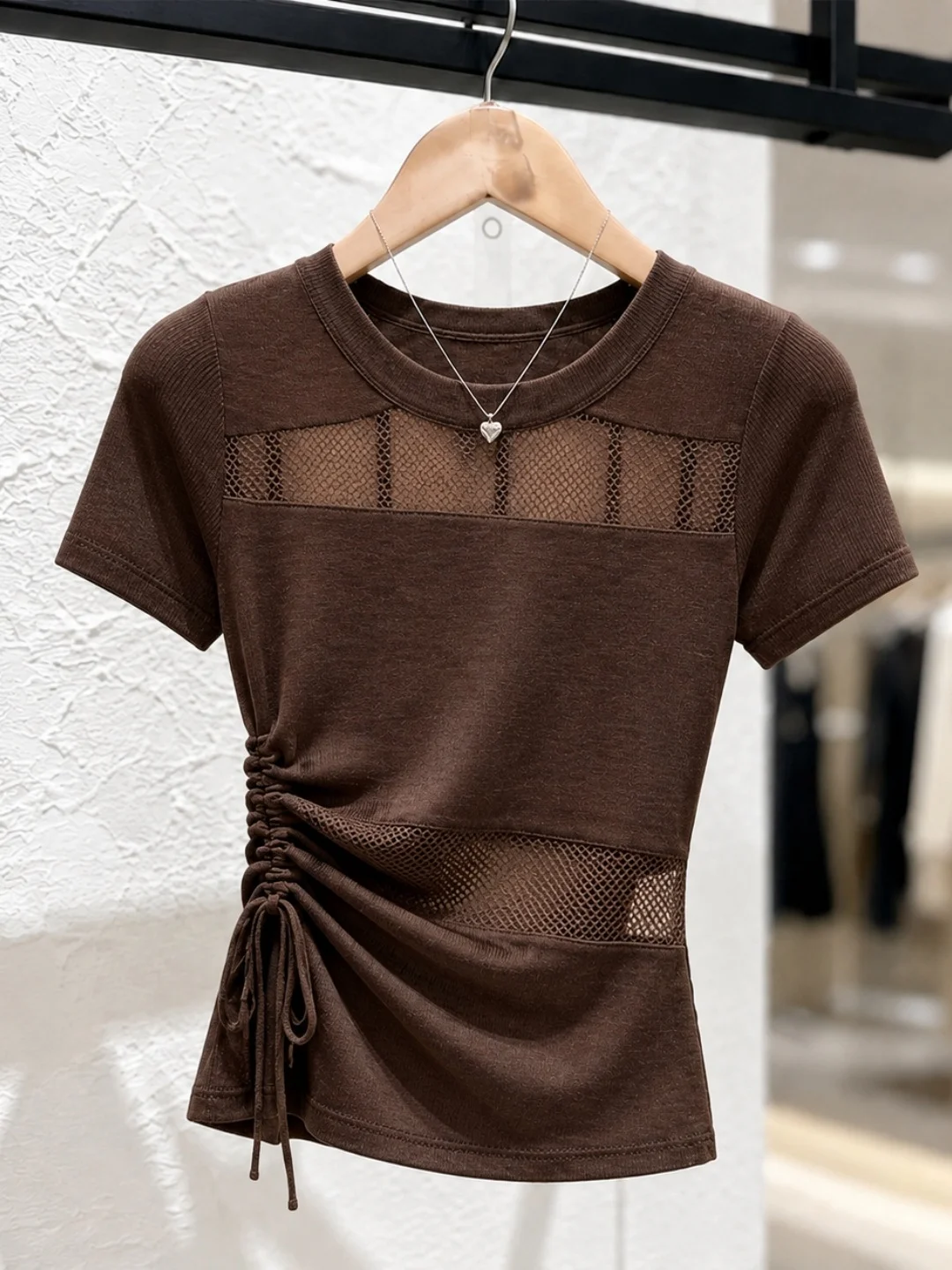

Summer Ice Silk Knitted Top Hollow Design Drawstring Waist Slim round Neck Versatile Korean Style Soft Fabric Short Sleeve Wo...