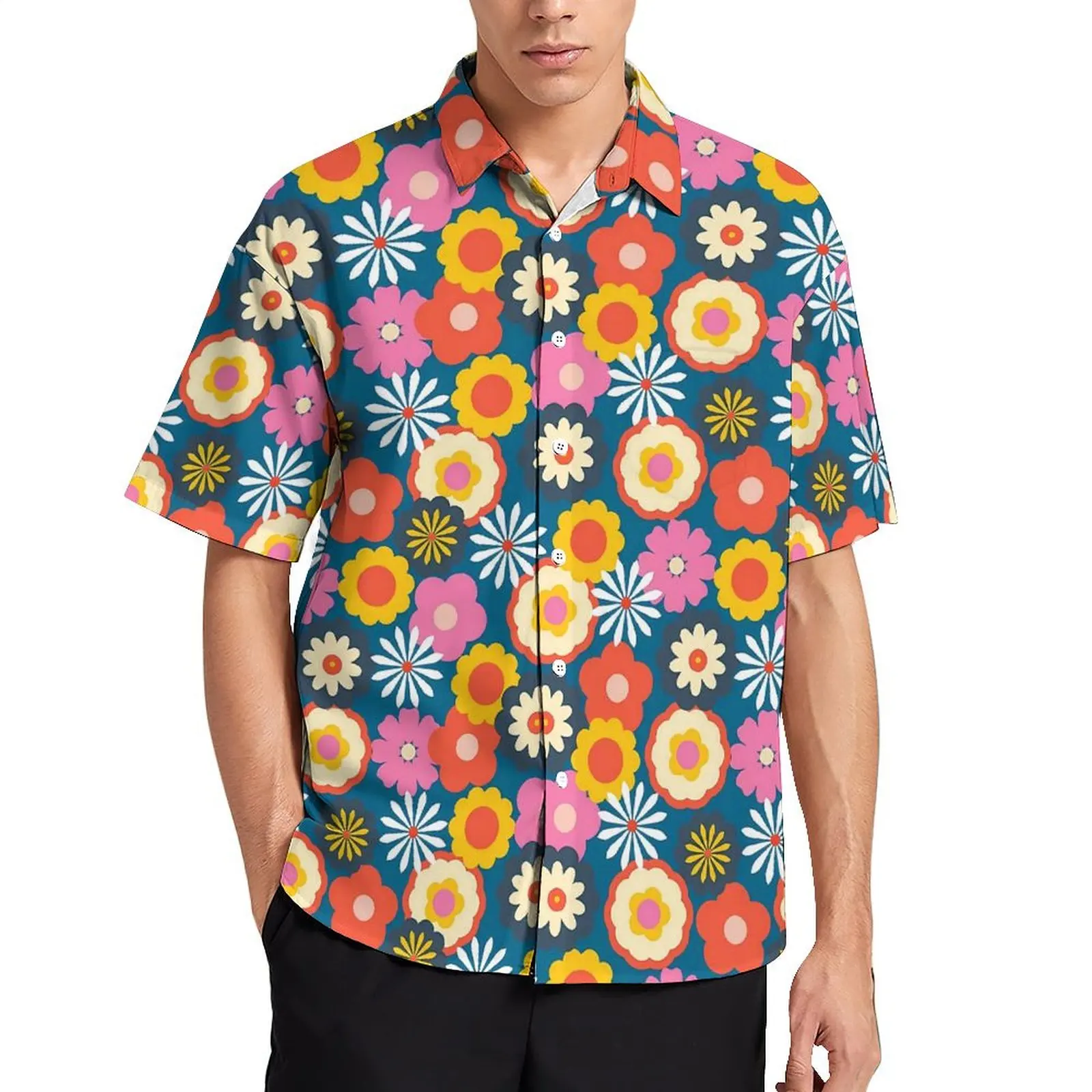 

Retro Flower Power Casual Shirt Daisies Print Cool Hawaiian Shirts Male Short-Sleeve Vacation Harajuku Plus Size 4XL Blouses