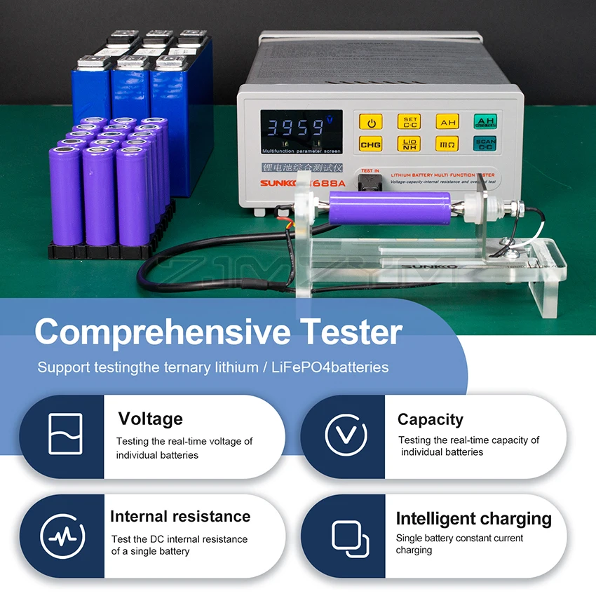 SUNKKO-T688A Single Battery Comprehensive Tester, 18650 Bateria, Capacidade De Resistência Interna, Tester De Sobrecarga De Tensão