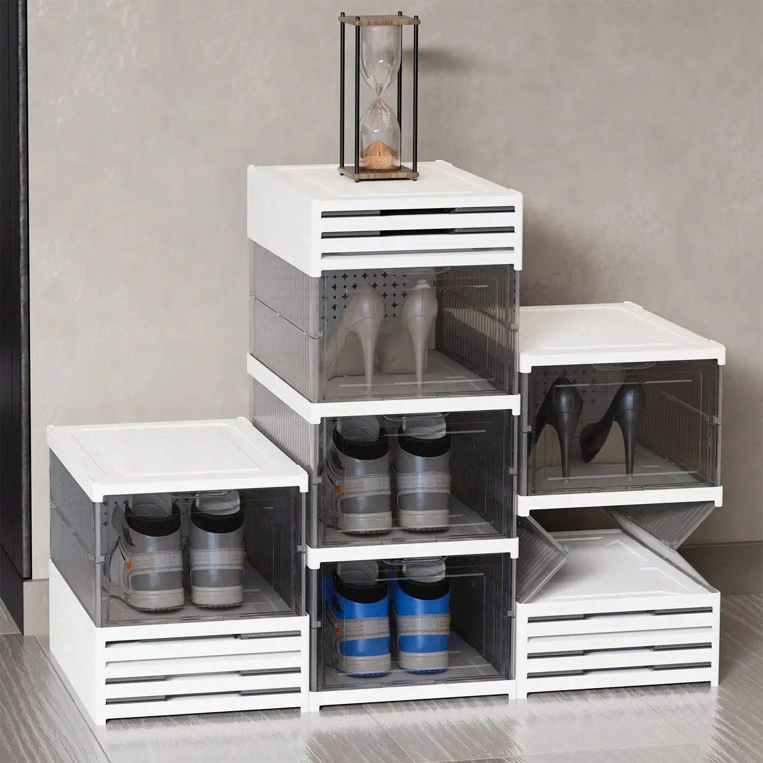 

6-Layer White Transparent Foldable Shoe Rack Box - Stackable Dust-Proof Ventilated High-Legged Shoe Rack Shelves, Luxurious And