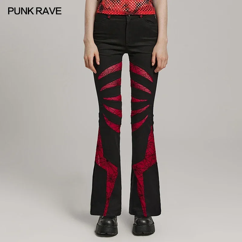 PUNK RAVE Women's Gothic Pointed Spider Web Flared Trousers Alien Bone Claws Personalized Pants Spring Autumn Two Colors