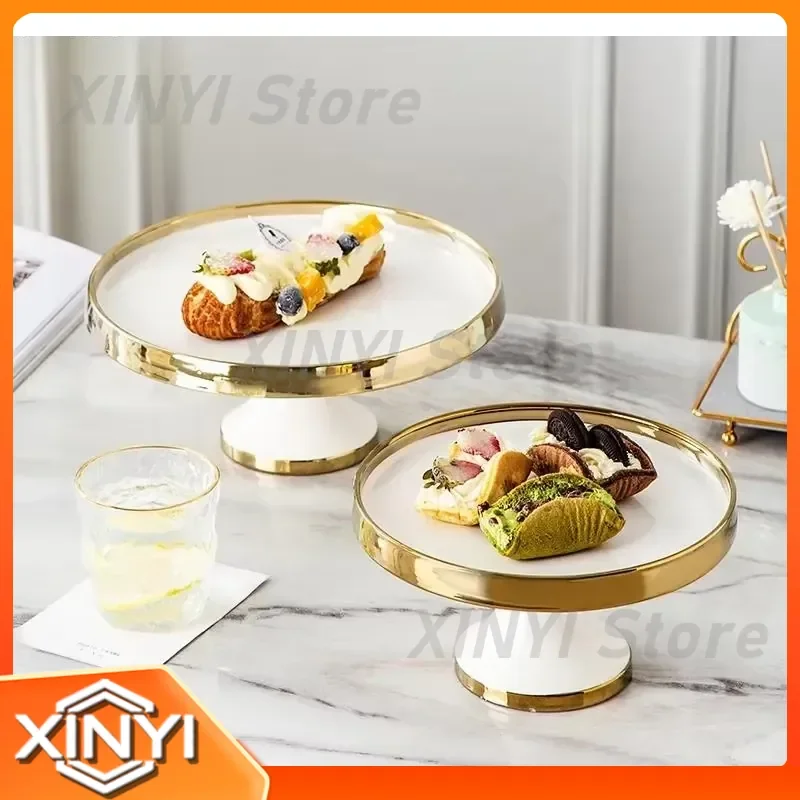 Ceramic Dessert Plate with Glass Lid for Cake Fruit Tasting Tableware for Home Hotel Restaurant High Foot Serving Tray for