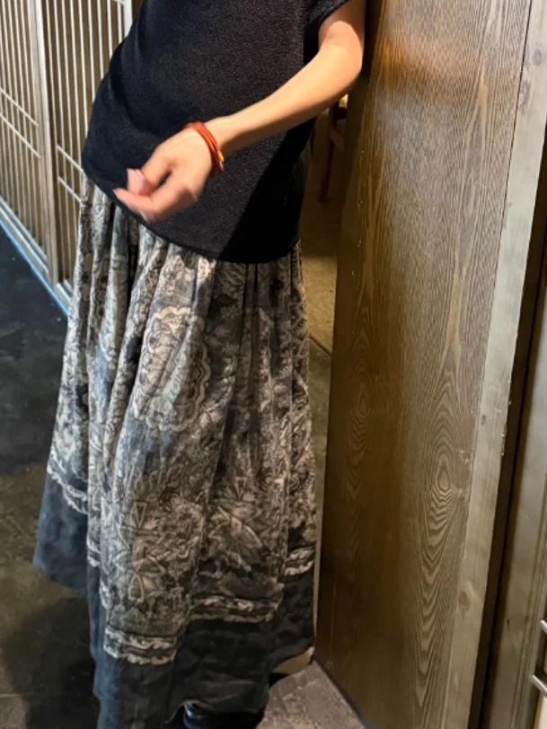 Ele-Falda Midi de lino con estampado adelgazante para mujer, falda Retro de cintura alta, corte en A, novedad de verano