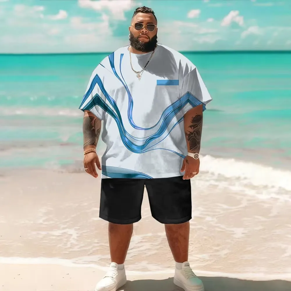 S-9XL Plus Size Men's Streetwear 2 Piece Outfit, Marble Geometric Stripe Print Short Sleeve T-Shirt and Shorts Casual Set