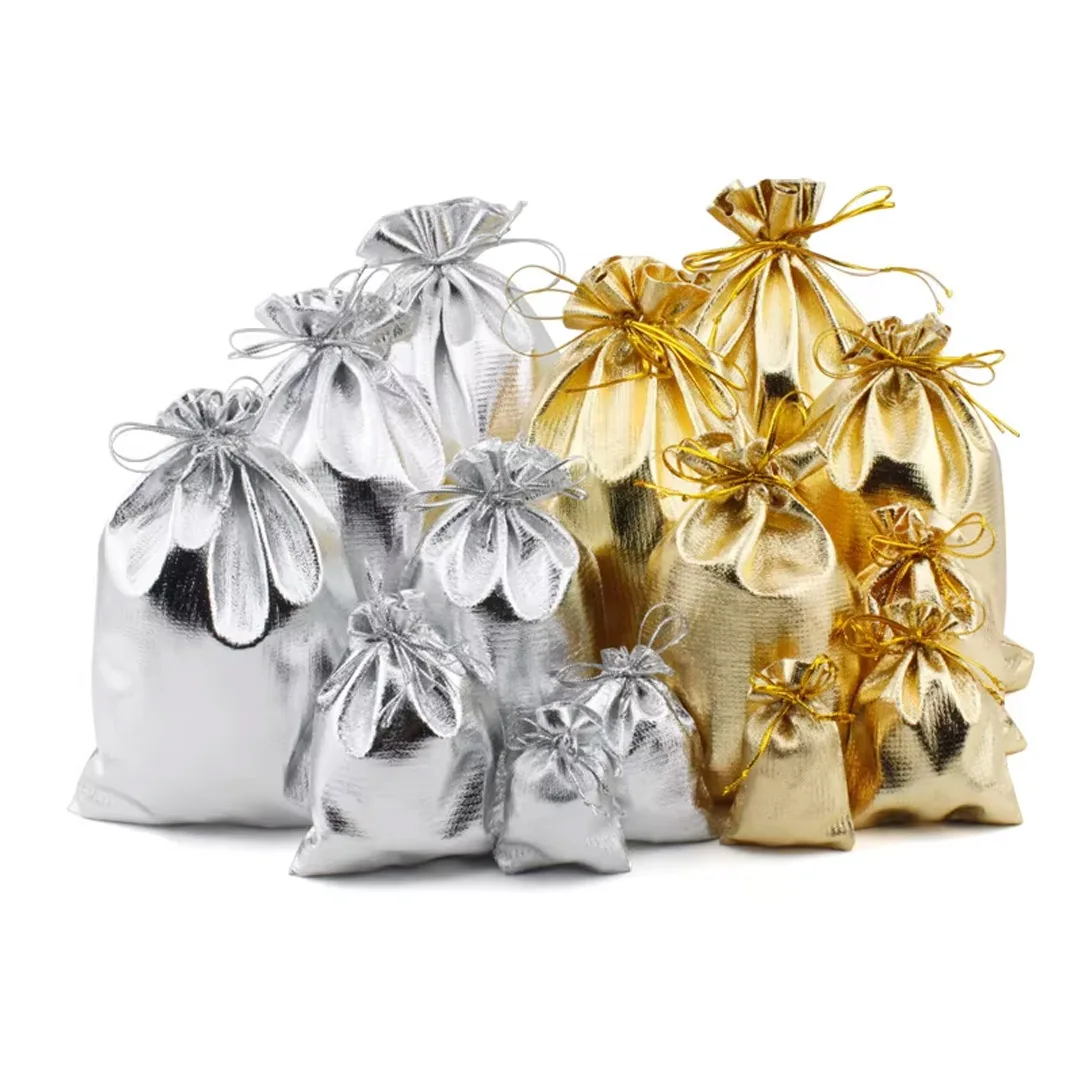 50 قطعة الفضة مطلي الذهب والمجوهرات الرباط حقيبة 17x23 سنتيمتر حفل زفاف تنظيم الحاضر التعبئة والتغليف مستحضرات التجميل أحمر الشفاه هدية التخزين