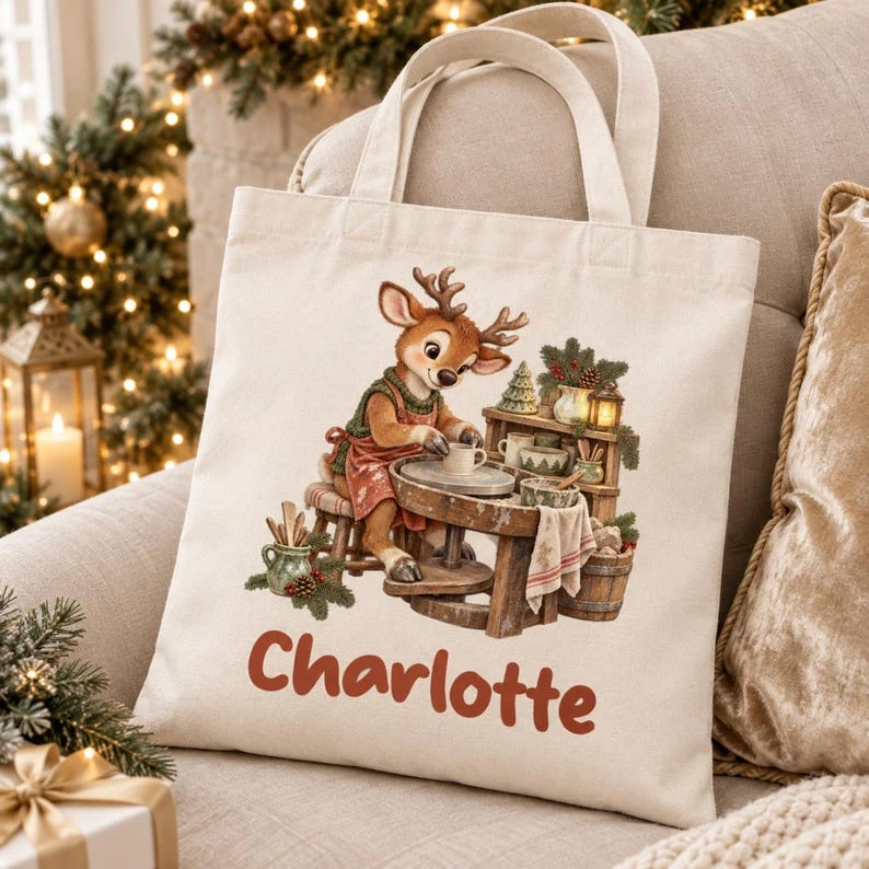 Custom Name Christmas Tote Bag – Personalized Canvas Gift Bag, Holiday Party Favor, Reusable Shopping Bag for Teachers, Family,